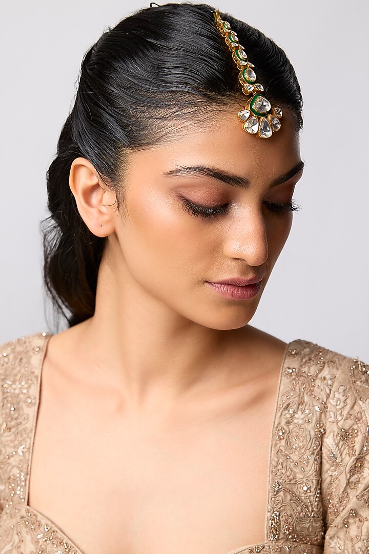 Gold Finish Uncut Polki Stone Meenakari Maangtikka In Sterling Silver  by Kiara at Pernia's Pop Up Shop