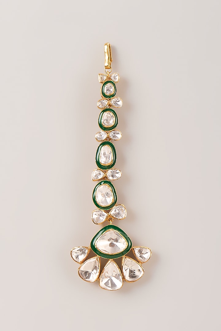 Gold Finish Uncut Polki Stone Meenakari Maangtikka In Sterling Silver  by Kiara Luxe at Pernia's Pop Up Shop