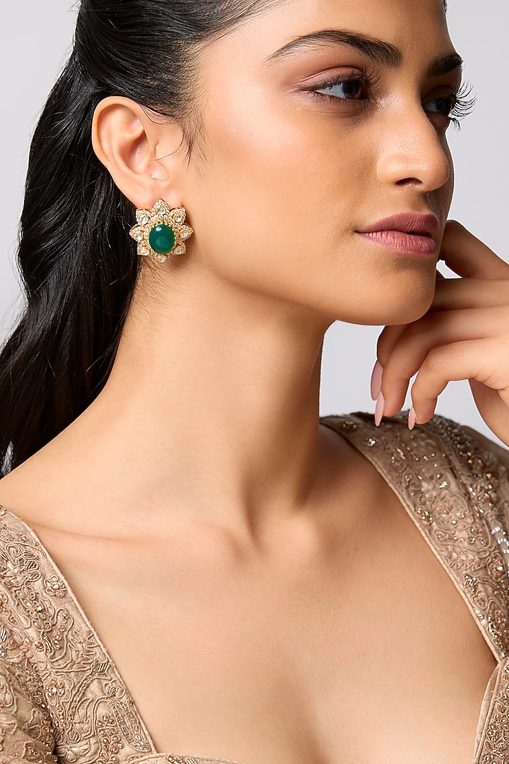 Gold Finish Kundan Polki & Emerald Stud Earrings In Sterling Silver by Kiara at Pernia's Pop Up Shop