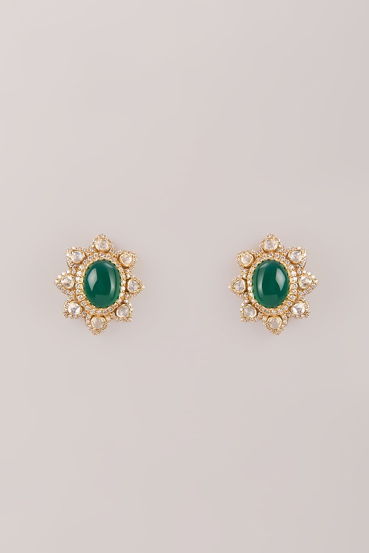 Gold Finish Kundan Polki & Emerald Stud Earrings In Sterling Silver by Kiara Luxe at Pernia's Pop Up Shop