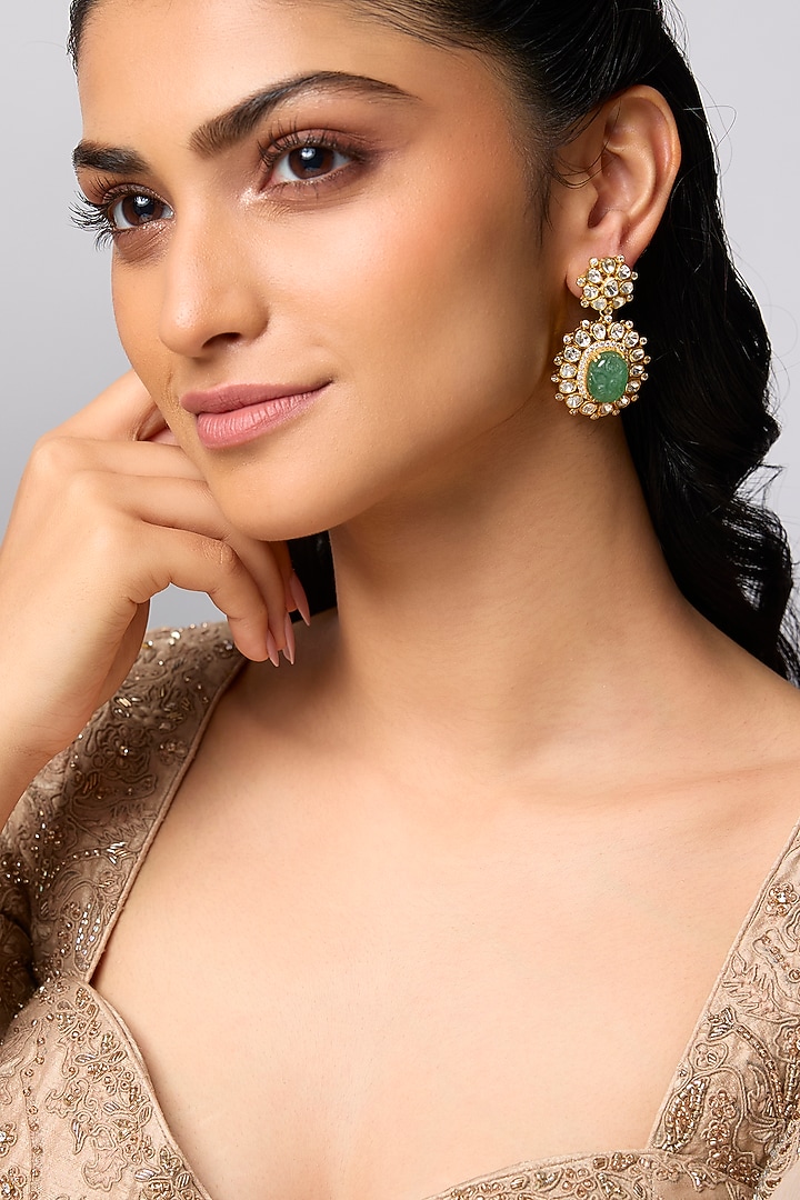 Gold Finish Kundan Polki & Green Stone Dangler Earrings In Sterling Silver by Kiara at Pernia's Pop Up Shop