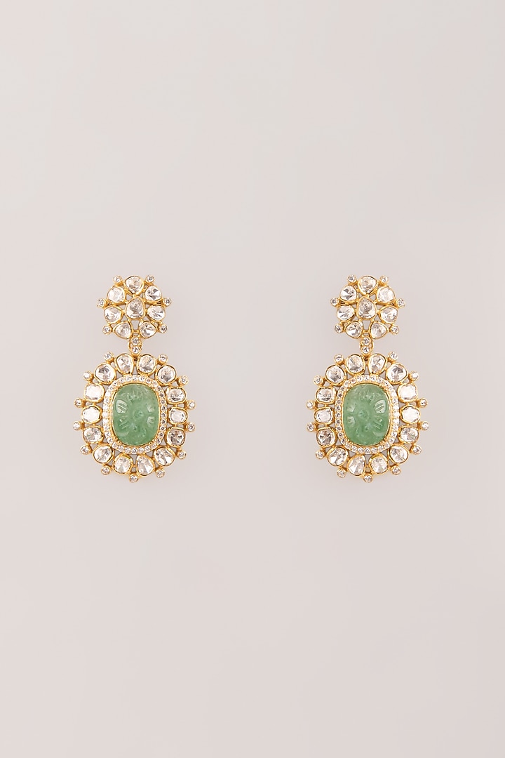 Gold Finish Kundan Polki & Green Stone Dangler Earrings In Sterling Silver by Kiara Luxe at Pernia's Pop Up Shop