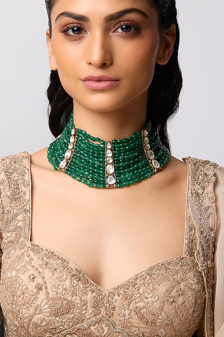 Gold Finish Kundan Polki & Emerald Beaded Choker Necklace In Sterling Silver by Kiara at Pernia's Pop Up Shop