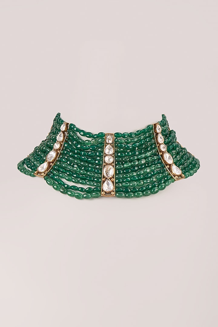 Gold Finish Kundan Polki & Emerald Beaded Choker Necklace In Sterling Silver by Kiara Luxe at Pernia's Pop Up Shop
