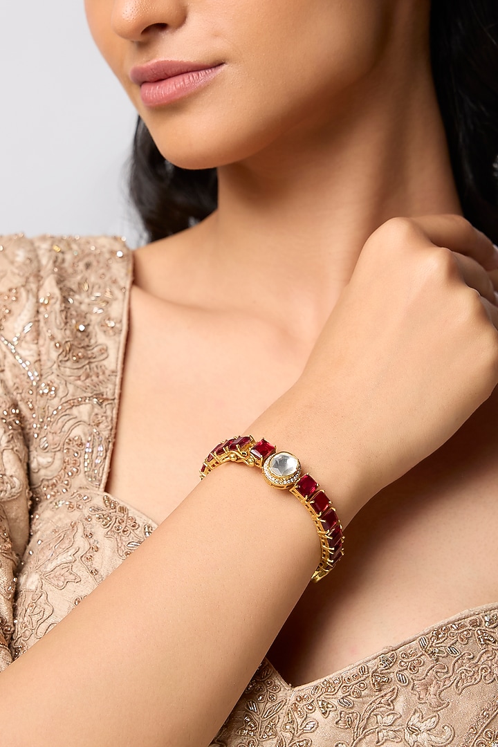 Gold Finish Polki Diamond & Ruby Stone Bangle In Sterling Silver by Kiara at Pernia's Pop Up Shop