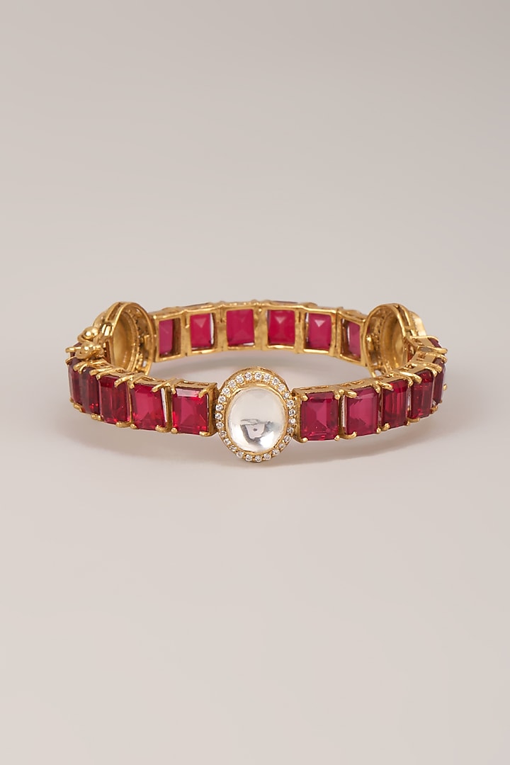 Gold Finish Polki Diamond & Ruby Stone Bangle In Sterling Silver by Kiara Luxe at Pernia's Pop Up Shop