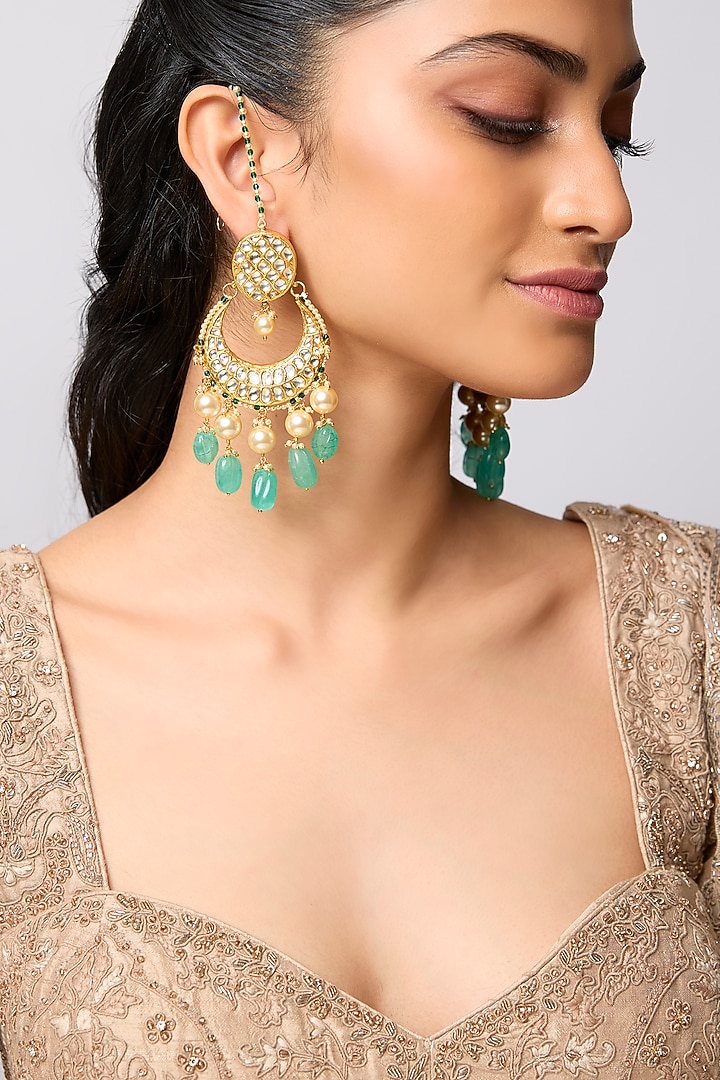 Gold Finish Kundan Polki & Pearl Chandbali Earrings In Sterling Silver by Kiara at Pernia's Pop Up Shop