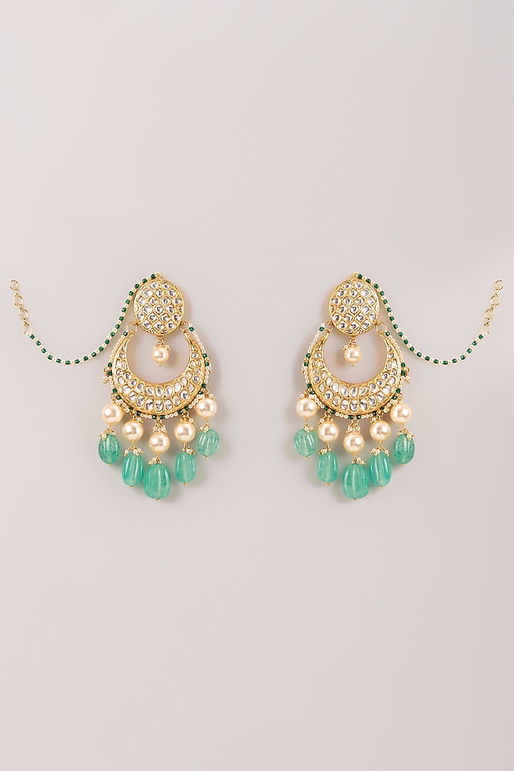 Gold Finish Kundan Polki & Pearl Chandbali Earrings In Sterling Silver by Kiara Luxe at Pernia's Pop Up Shop