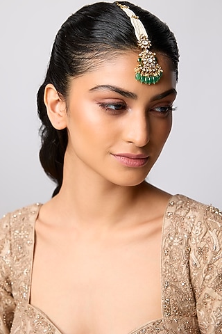Gold Finish Kundan Polki & Pearl Maangtikka In Sterling Silver by Kiara Luxe