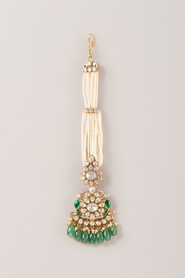 Gold Finish Kundan Polki & Pearl Maangtikka In Sterling Silver by Kiara Luxe at Pernia's Pop Up Shop