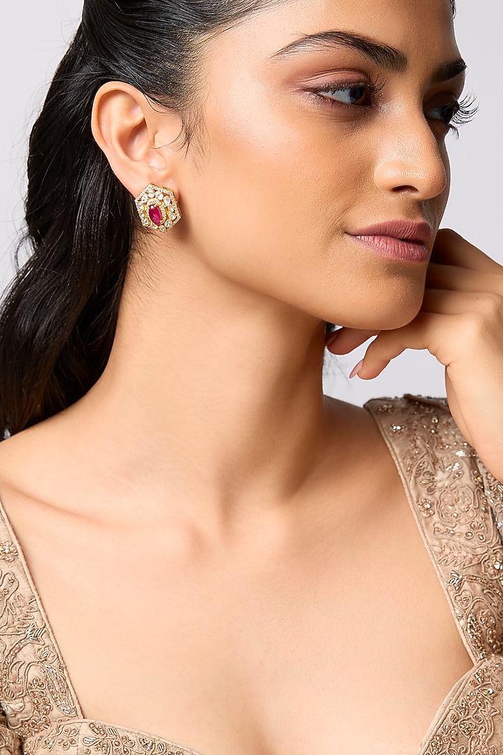 Gold Finish Kundan Polki & Ruby Stud Earrings In Sterling Silver by Kiara at Pernia's Pop Up Shop