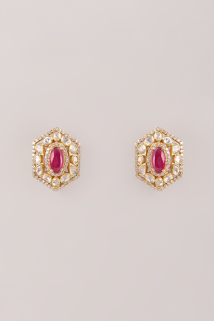 Gold Finish Kundan Polki & Ruby Stud Earrings In Sterling Silver by Kiara Luxe at Pernia's Pop Up Shop