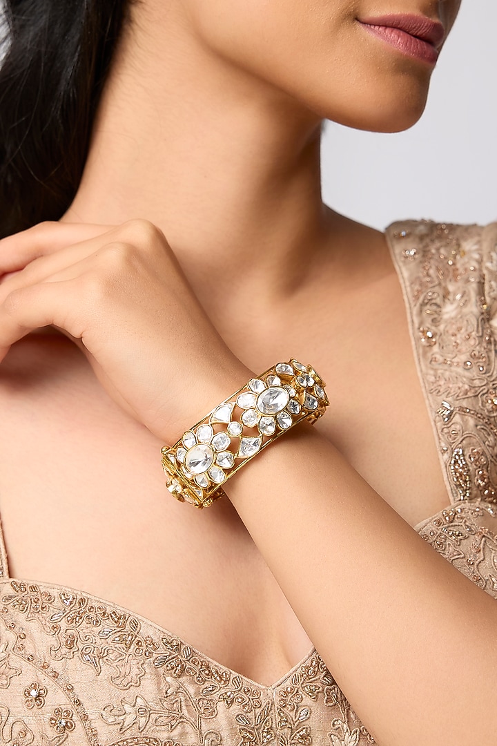 Gold Finish Uncut Polki Diamond Bangles In Sterling Silver (Set Of 2) by Kiara at Pernia's Pop Up Shop