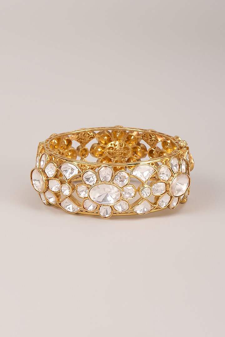 Gold Finish Uncut Polki Diamond Bangles In Sterling Silver (Set Of 2) by Kiara Luxe at Pernia's Pop Up Shop