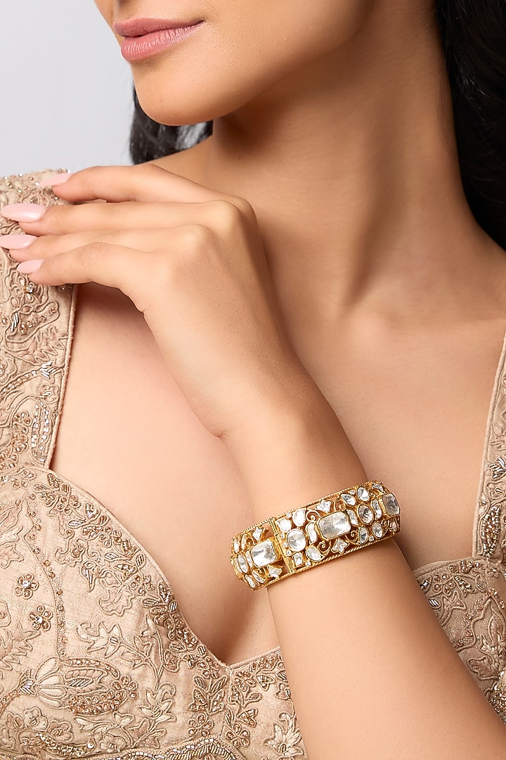 Gold Finish Uncut Polki Diamond Bangles In Sterling Silver (Set Of 2) by Kiara at Pernia's Pop Up Shop