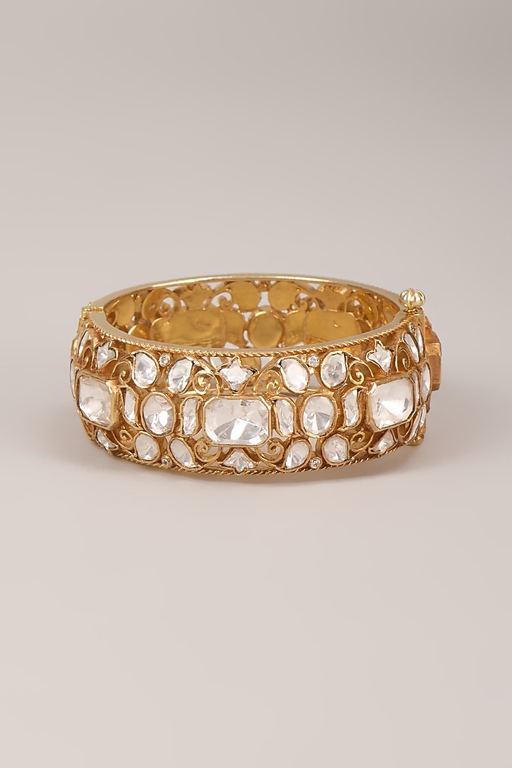 Gold Finish Uncut Polki Diamond Bangles In Sterling Silver (Set Of 2) by Kiara Luxe at Pernia's Pop Up Shop