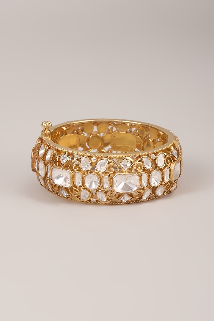Gold Finish Uncut Polki Diamond Bangles In Sterling Silver (Set Of 2) by Kiara Luxe at Pernia's Pop Up Shop