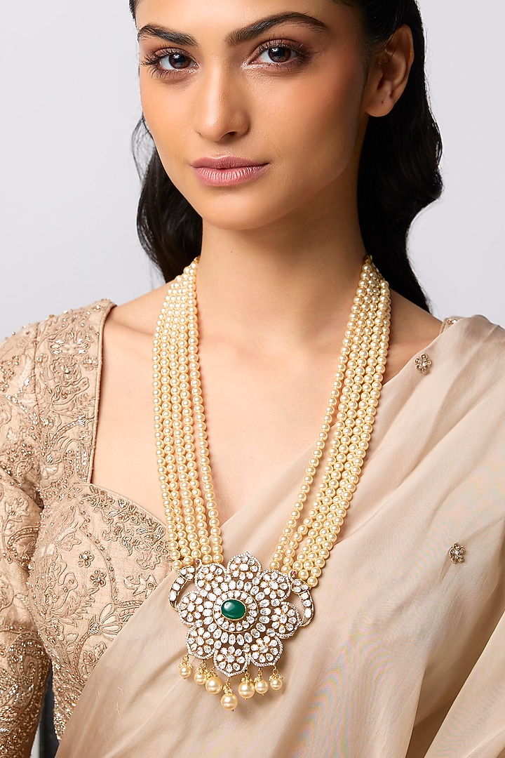 Gold Finish Kundan Polki & Pearl Long Pendant Necklace In Sterling Silver by Kiara at Pernia's Pop Up Shop