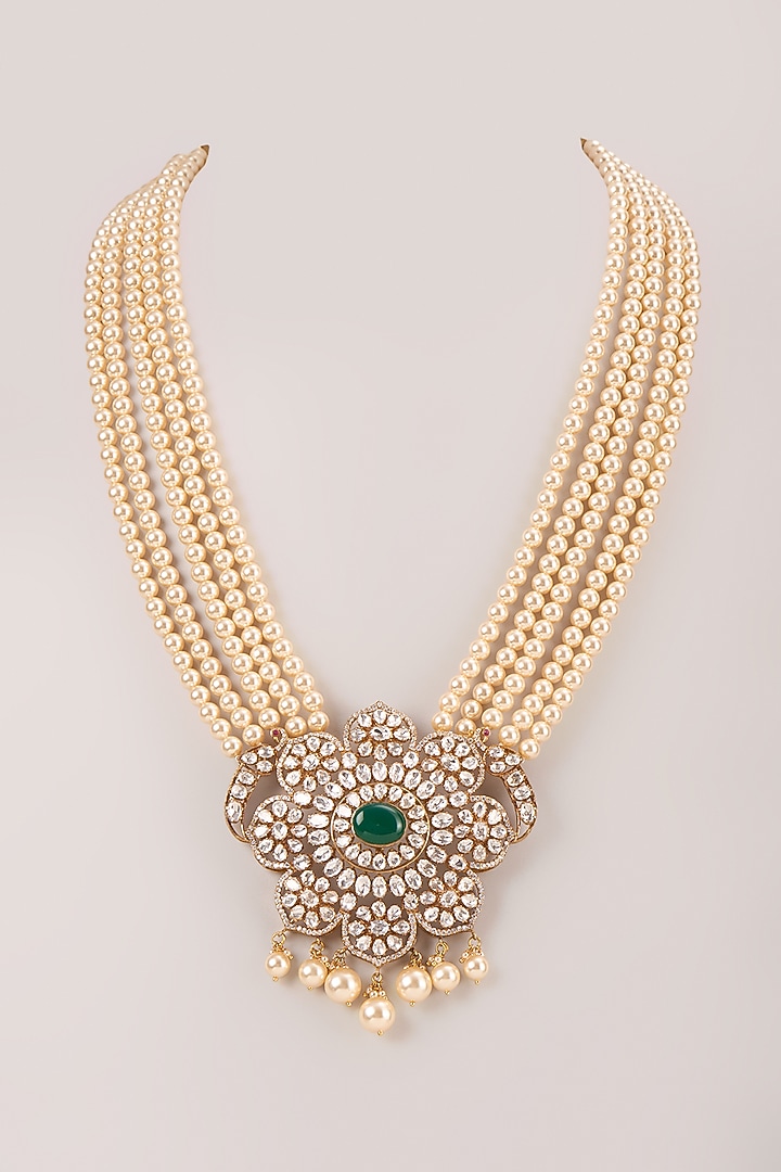 Gold Finish Kundan Polki & Pearl Long Pendant Necklace In Sterling Silver by Kiara Luxe at Pernia's Pop Up Shop