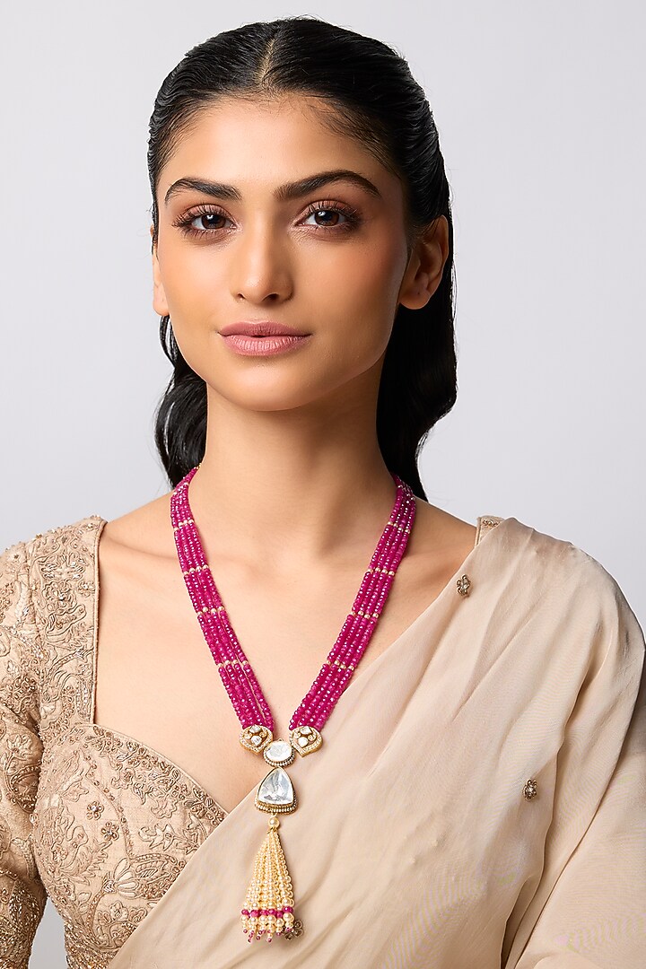 Gold Finish Kundan Polki & Ruby Beaded Long Necklace In Sterling Silver by Kiara at Pernia's Pop Up Shop