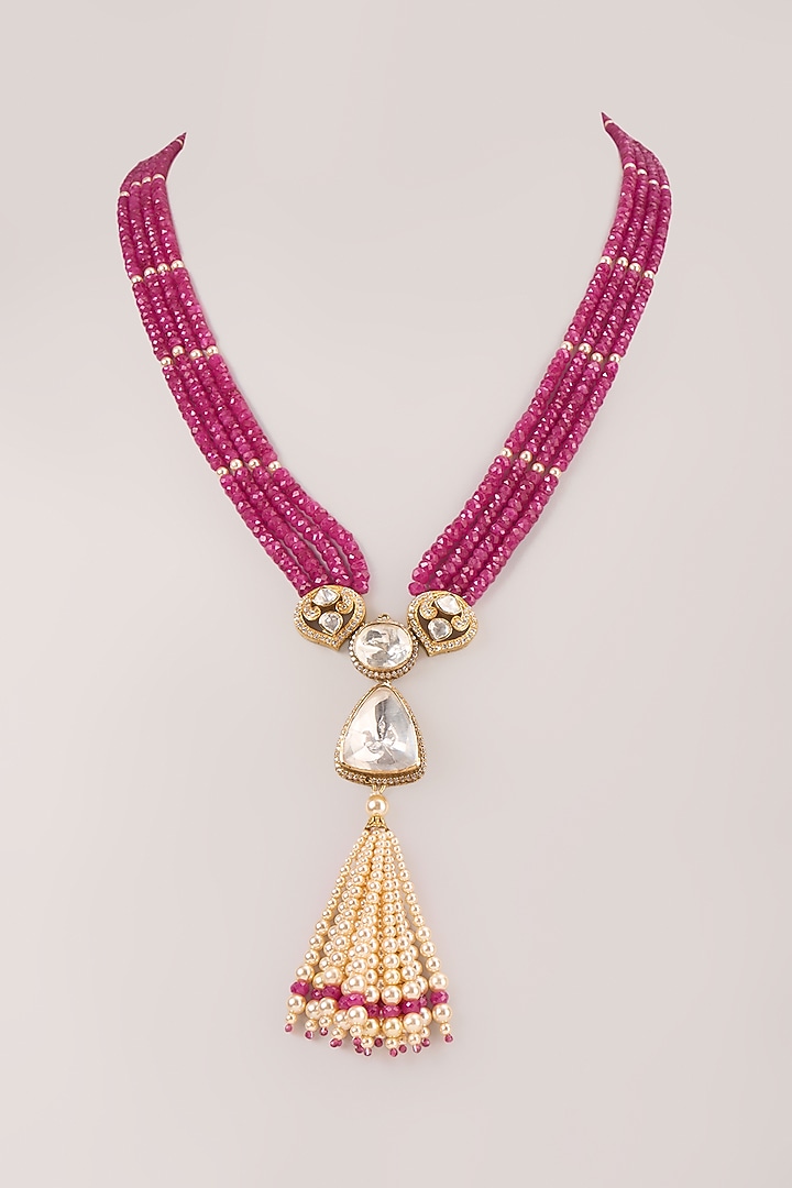 Gold Finish Kundan Polki & Ruby Beaded Long Necklace In Sterling Silver by Kiara Luxe at Pernia's Pop Up Shop