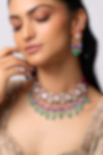 Gold Finish Kundan Polki & Ruby Choker Necklace Set In Sterling Silver by Kiara at Pernia's Pop Up Shop