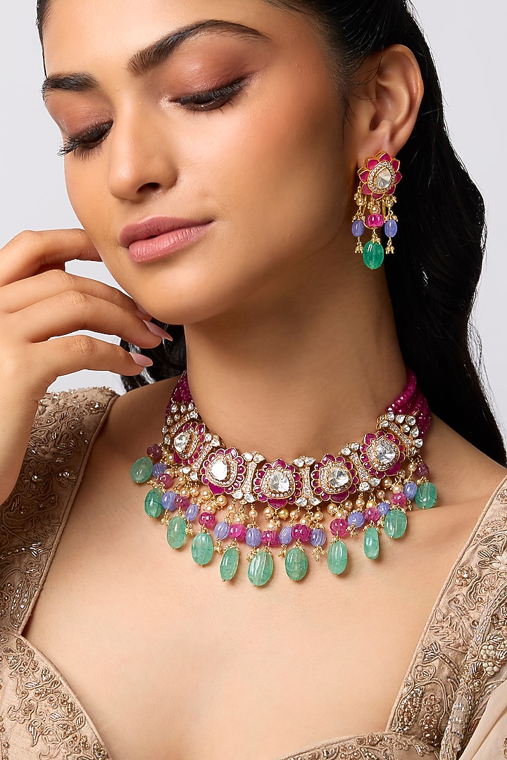Gold Finish Kundan Polki & Ruby Choker Necklace Set In Sterling Silver by Kiara at Pernia's Pop Up Shop