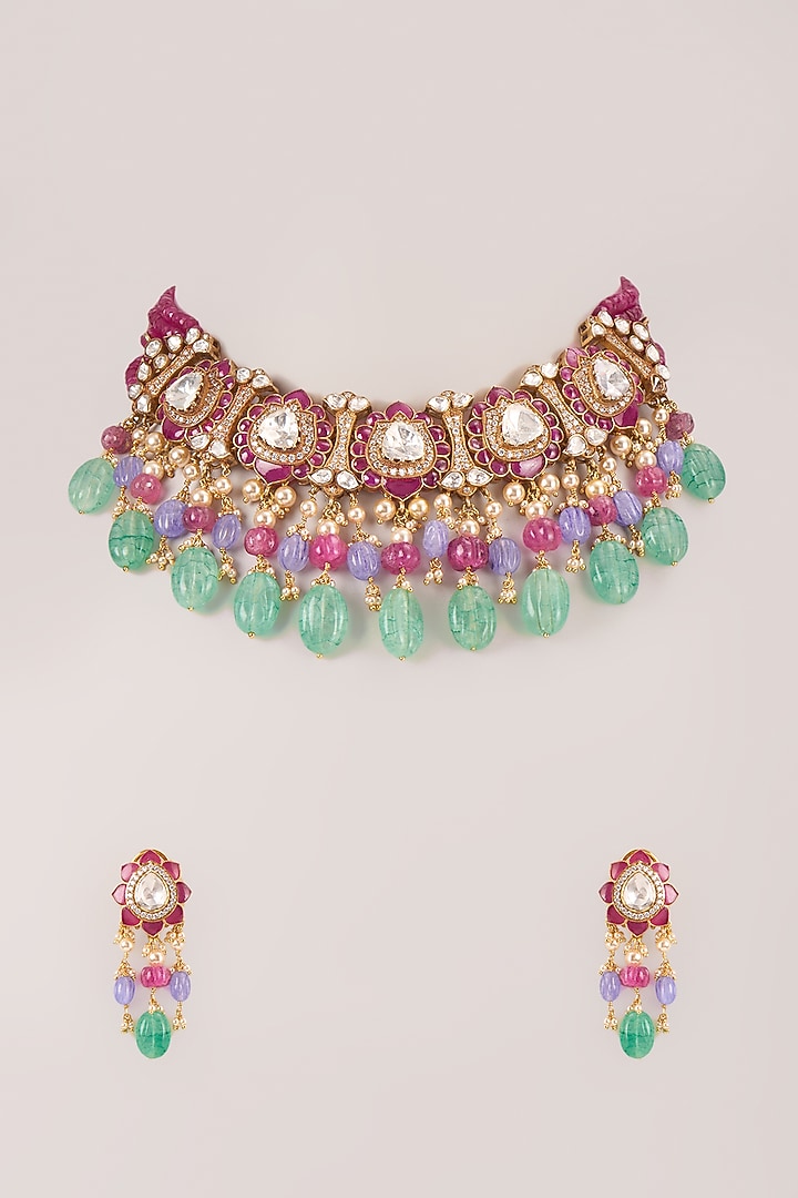 Gold Finish Kundan Polki & Ruby Choker Necklace Set In Sterling Silver by Kiara Luxe at Pernia's Pop Up Shop