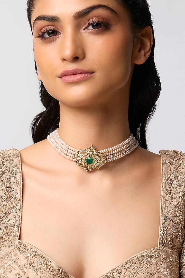Gold Finish Kundan Polki & Emerald Stone Choker Necklace In Sterling Silver by Kiara at Pernia's Pop Up Shop