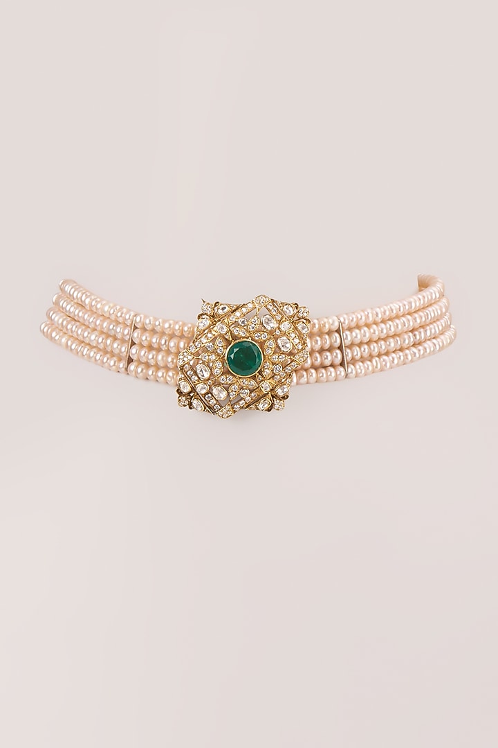 Gold Finish Kundan Polki & Emerald Stone Choker Necklace In Sterling Silver by Kiara Luxe at Pernia's Pop Up Shop