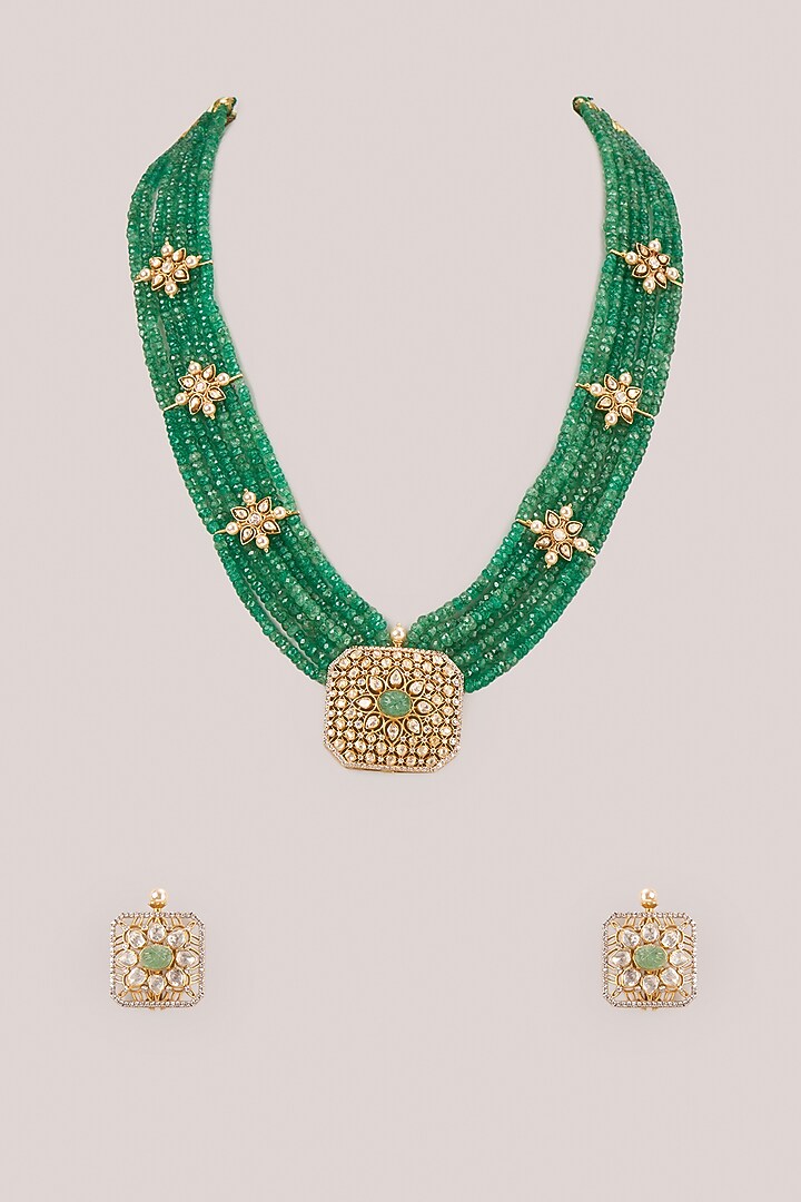 Gold Finish Kundan Polki & Bead Long Pendant Necklace Set In Sterling Silver by Kiara Luxe at Pernia's Pop Up Shop