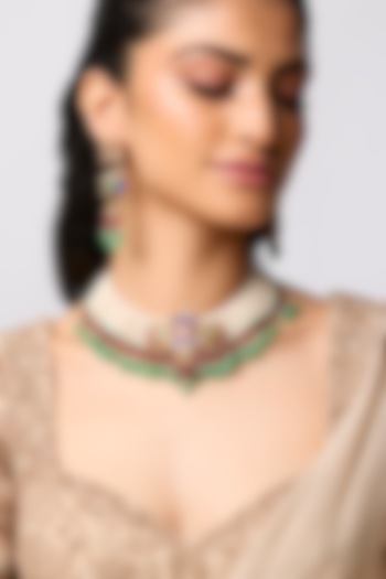 Gold Finish Kundan Polki & Ruby Choker Necklace Set In Sterling Silver by Kiara at Pernia's Pop Up Shop