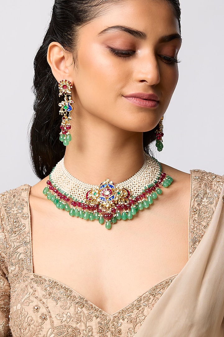 Gold Finish Kundan Polki & Ruby Choker Necklace Set In Sterling Silver by Kiara at Pernia's Pop Up Shop