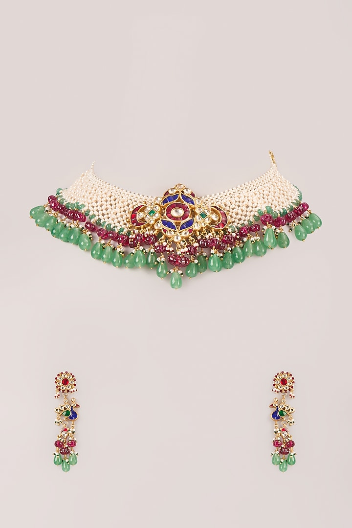 Gold Finish Kundan Polki & Ruby Choker Necklace Set In Sterling Silver by Kiara Luxe at Pernia's Pop Up Shop