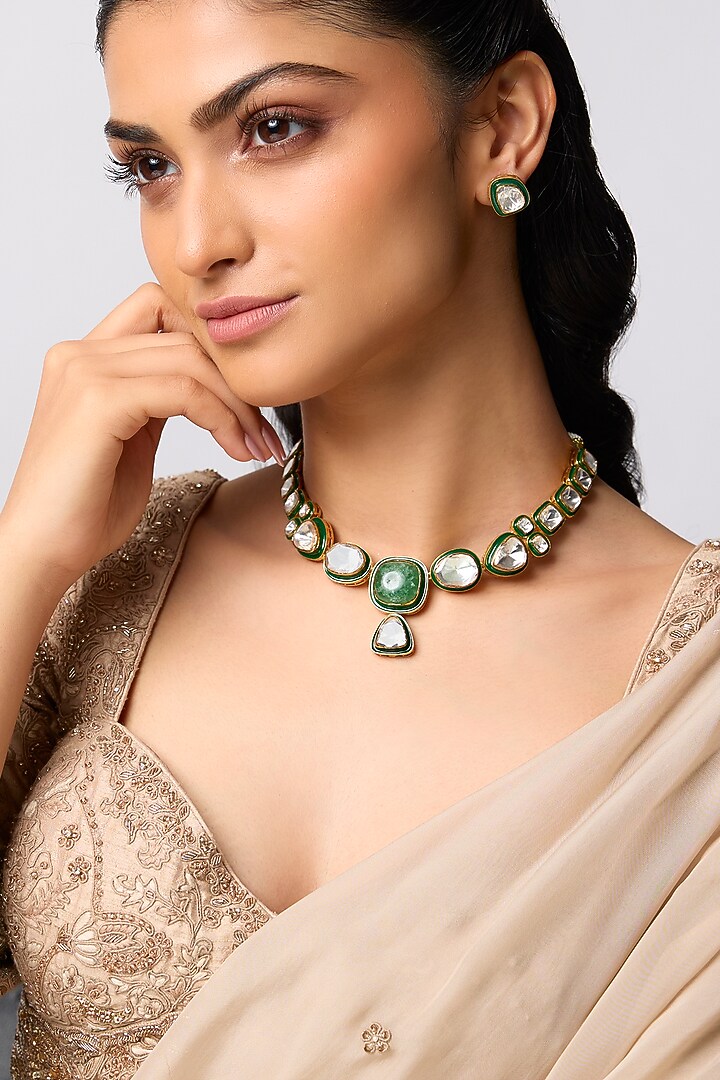 Gold Finish Uncut Polki Stone & Meenakari Choker Necklace In Sterling Silver by Kiara at Pernia's Pop Up Shop