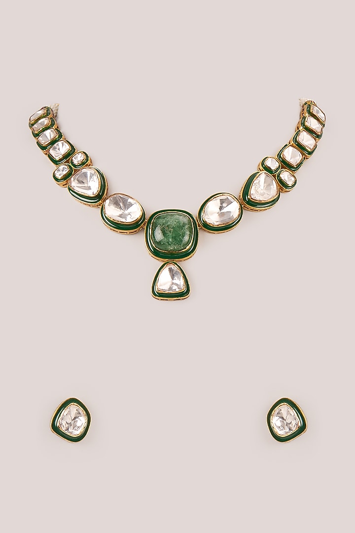 Gold Finish Uncut Polki Stone & Meenakari Choker Necklace In Sterling Silver by Kiara Luxe at Pernia's Pop Up Shop