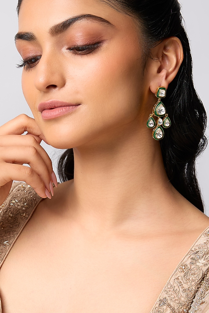 Gold Finish Uncut Polki Stone & Meenakari Dangler Earrings In Sterling Silver by Kiara at Pernia's Pop Up Shop