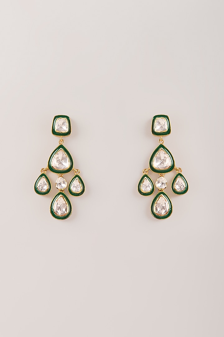 Gold Finish Uncut Polki Stone & Meenakari Dangler Earrings In Sterling Silver by Kiara Luxe at Pernia's Pop Up Shop