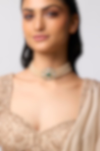 Gold Finish Uncut Polki Stone & Green Doublet Stone Choker Necklace In Sterling Silver by Kiara at Pernia's Pop Up Shop