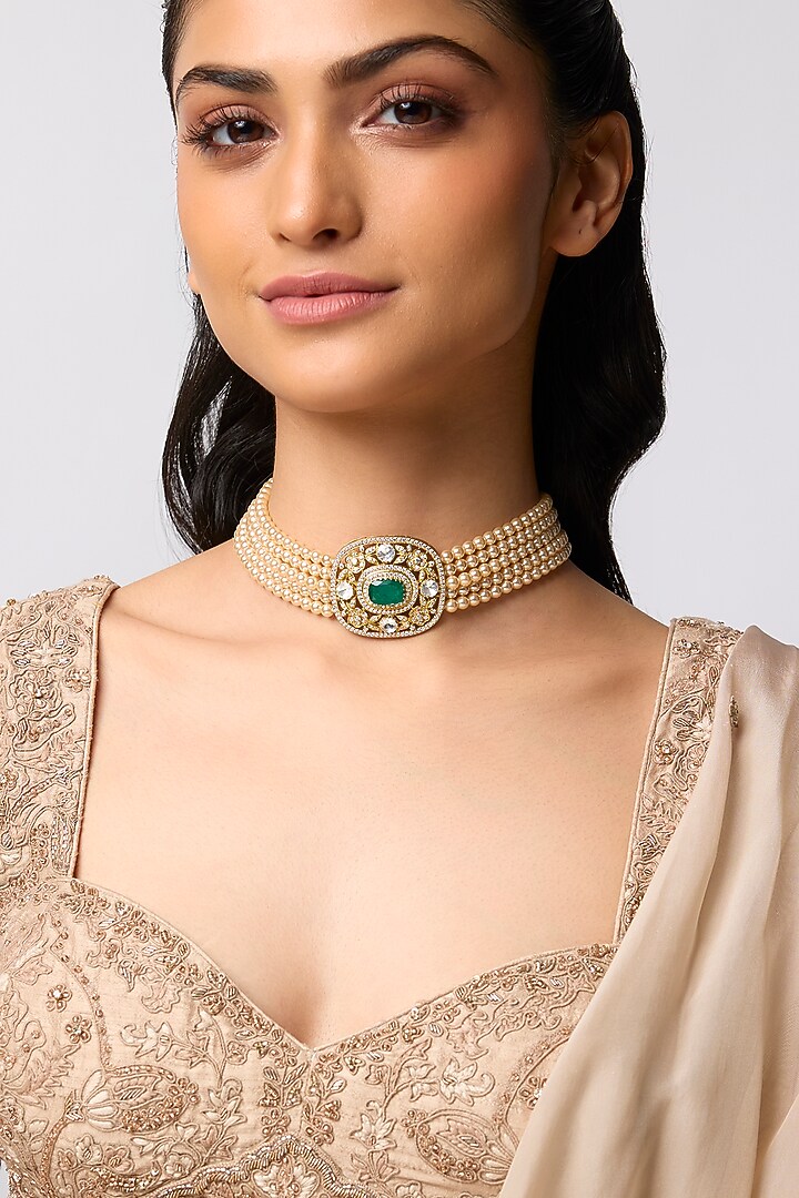 Gold Finish Uncut Polki Stone & Green Doublet Stone Choker Necklace In Sterling Silver by Kiara at Pernia's Pop Up Shop