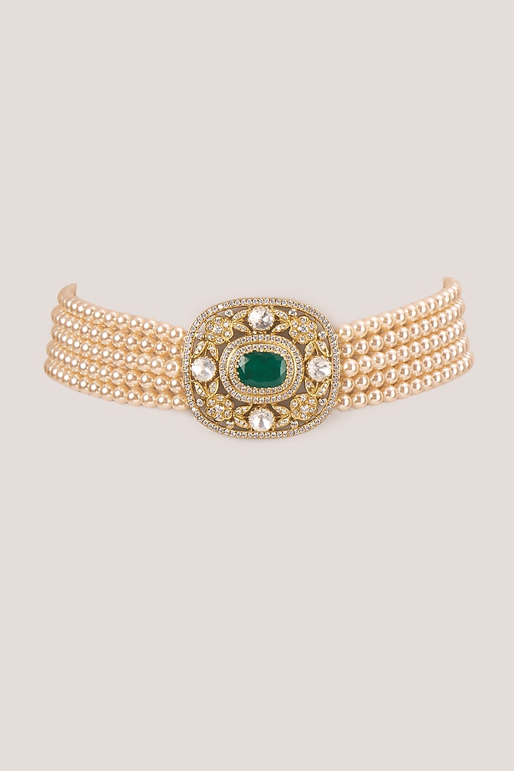 Gold Finish Uncut Polki Stone & Green Doublet Stone Choker Necklace In Sterling Silver by Kiara Luxe at Pernia's Pop Up Shop
