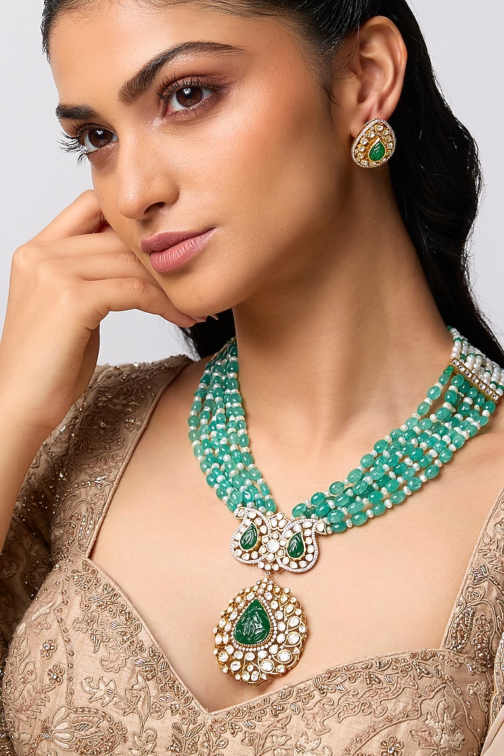 Gold Finish Kundan Polki & Pearl Long Necklace Set In Sterling Silver by Kiara at Pernia's Pop Up Shop