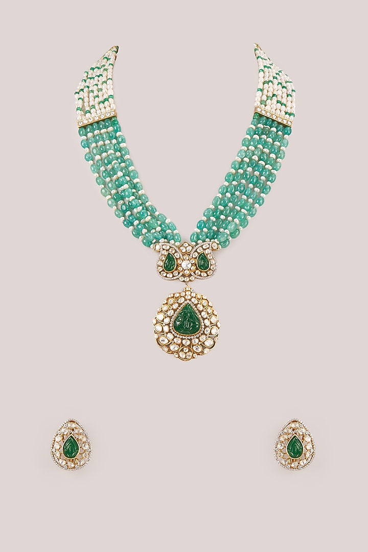 Gold Finish Kundan Polki & Pearl Long Necklace Set In Sterling Silver by Kiara Luxe at Pernia's Pop Up Shop