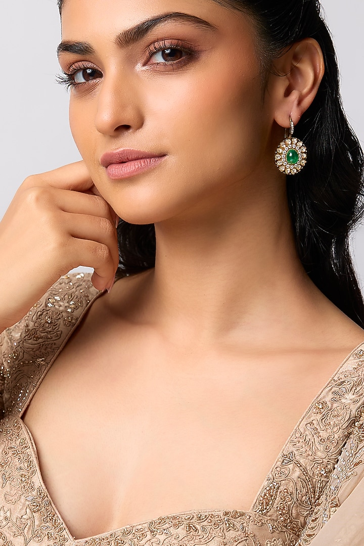 Gold Finish Kundan Polki & Emerald Stone Dangler Earrings In Sterling Silver by Kiara at Pernia's Pop Up Shop