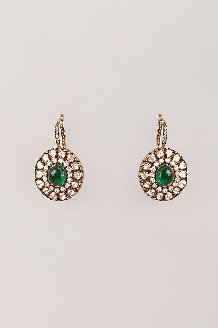 Gold Finish Kundan Polki & Emerald Stone Dangler Earrings In Sterling Silver by Kiara Luxe at Pernia's Pop Up Shop