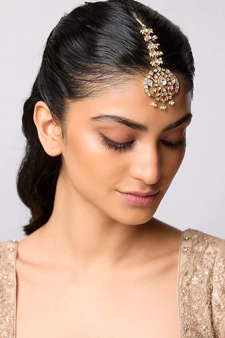Gold Finish Uncut Polki Stone & Pearl Maangtikka In Sterling Silver by Kiara at Pernia's Pop Up Shop