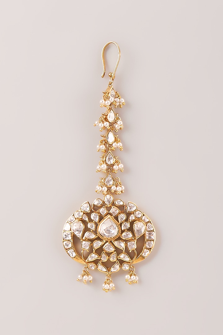 Gold Finish Uncut Polki Stone & Pearl Maangtikka In Sterling Silver by Kiara Luxe at Pernia's Pop Up Shop