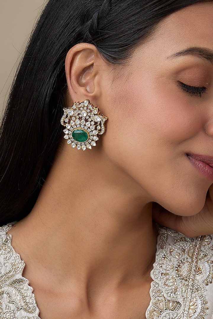 Gold Plated Moissanite Polki & Green Onyx Stud Earrings In Sterling Silver by Kiara Luxe at Pernia's Pop Up Shop