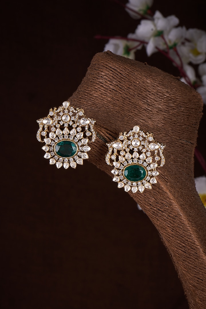 Gold Plated Moissanite Polki & Green Onyx Stud Earrings In Sterling Silver by Kiara Luxe at Pernia's Pop Up Shop