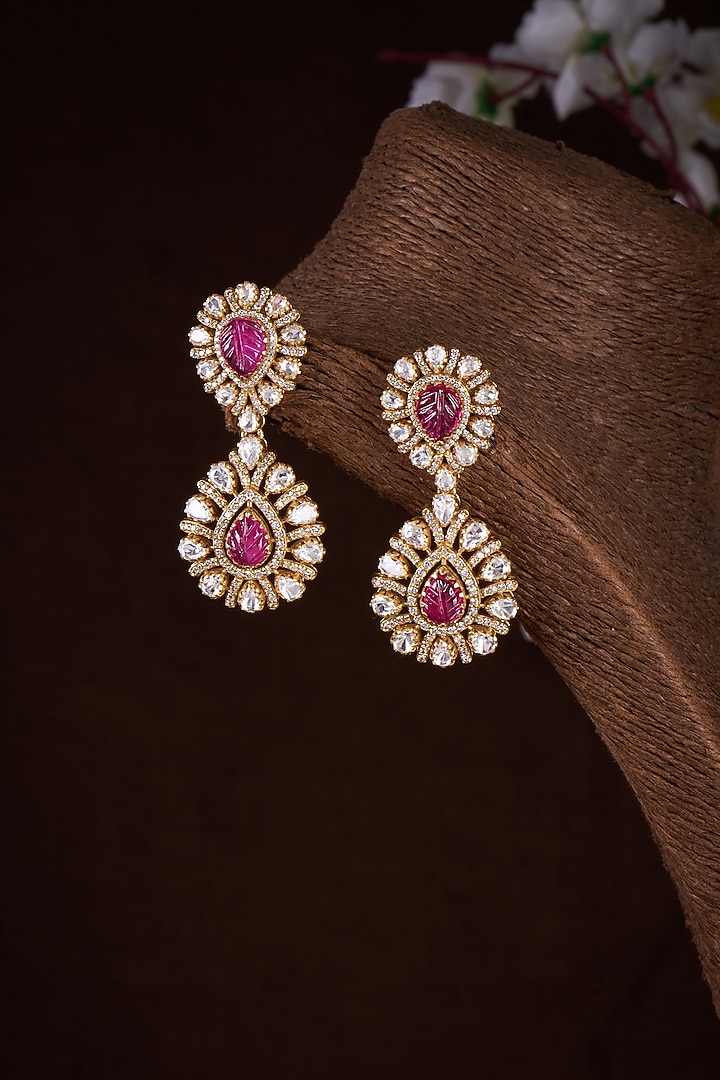 Gold Plated Moissanite Polki & Red Onyx Dangler Earrings In Sterling Silver by Kiara Luxe at Pernia's Pop Up Shop